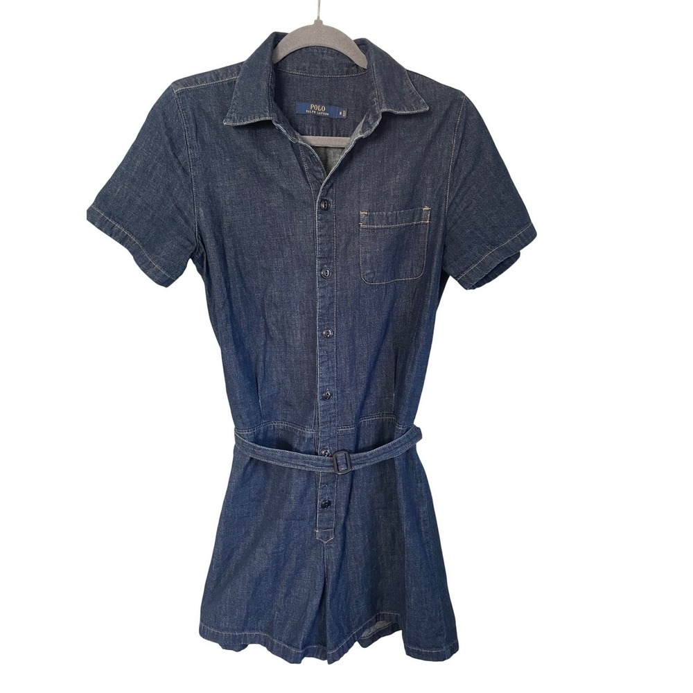 Polo Ralph Lauren Women's Size 8 Indigo Denim Utility Romper Button Front Belted